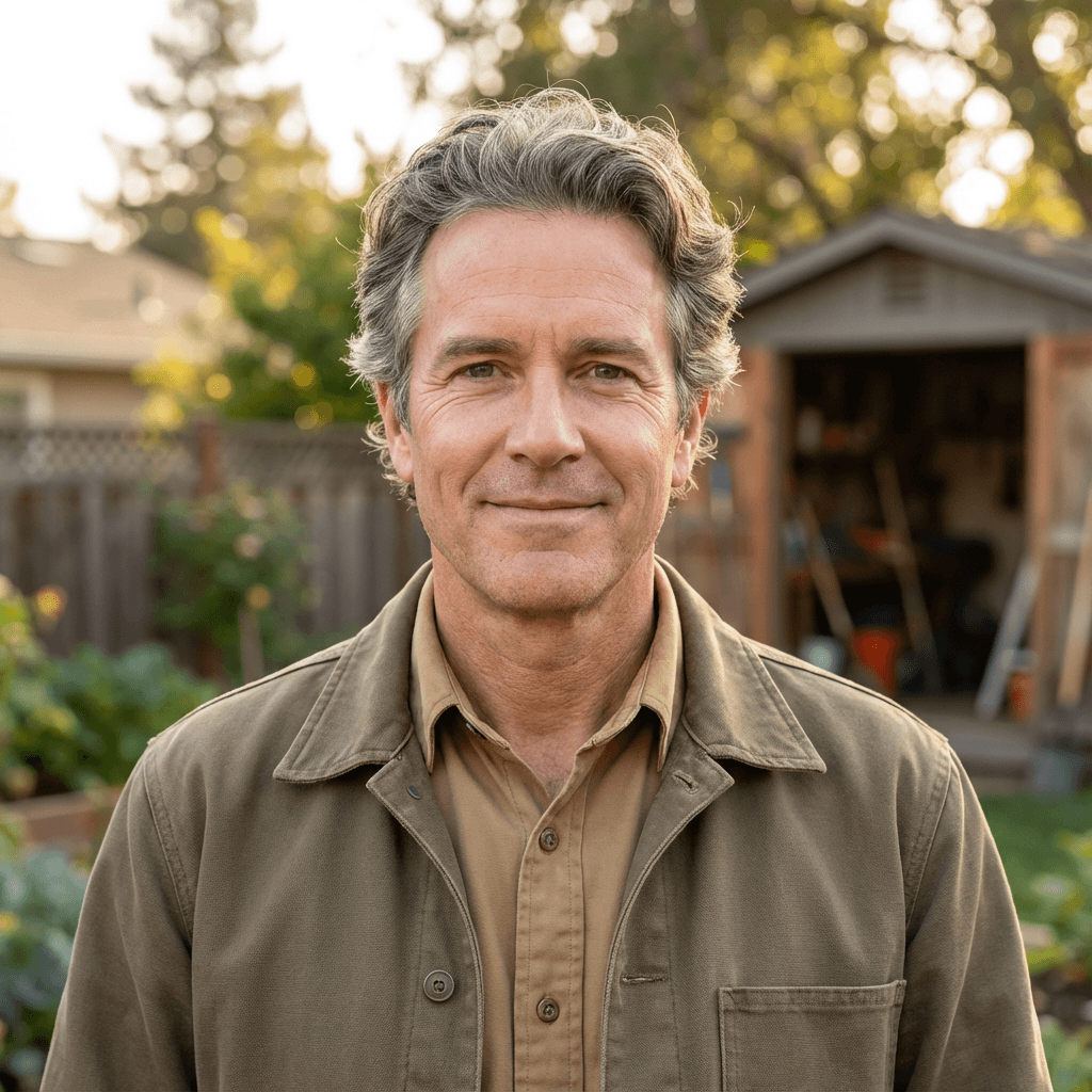 Male homeowner in his early 40s, White, relaxed expression in front of a clean house